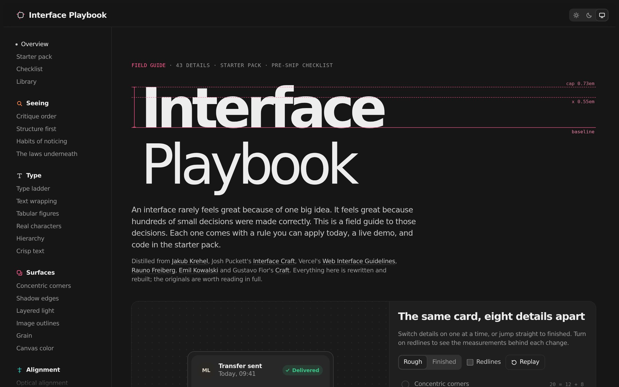 The Interface Playbook home page: a field guide to the small details that make interfaces feel finished