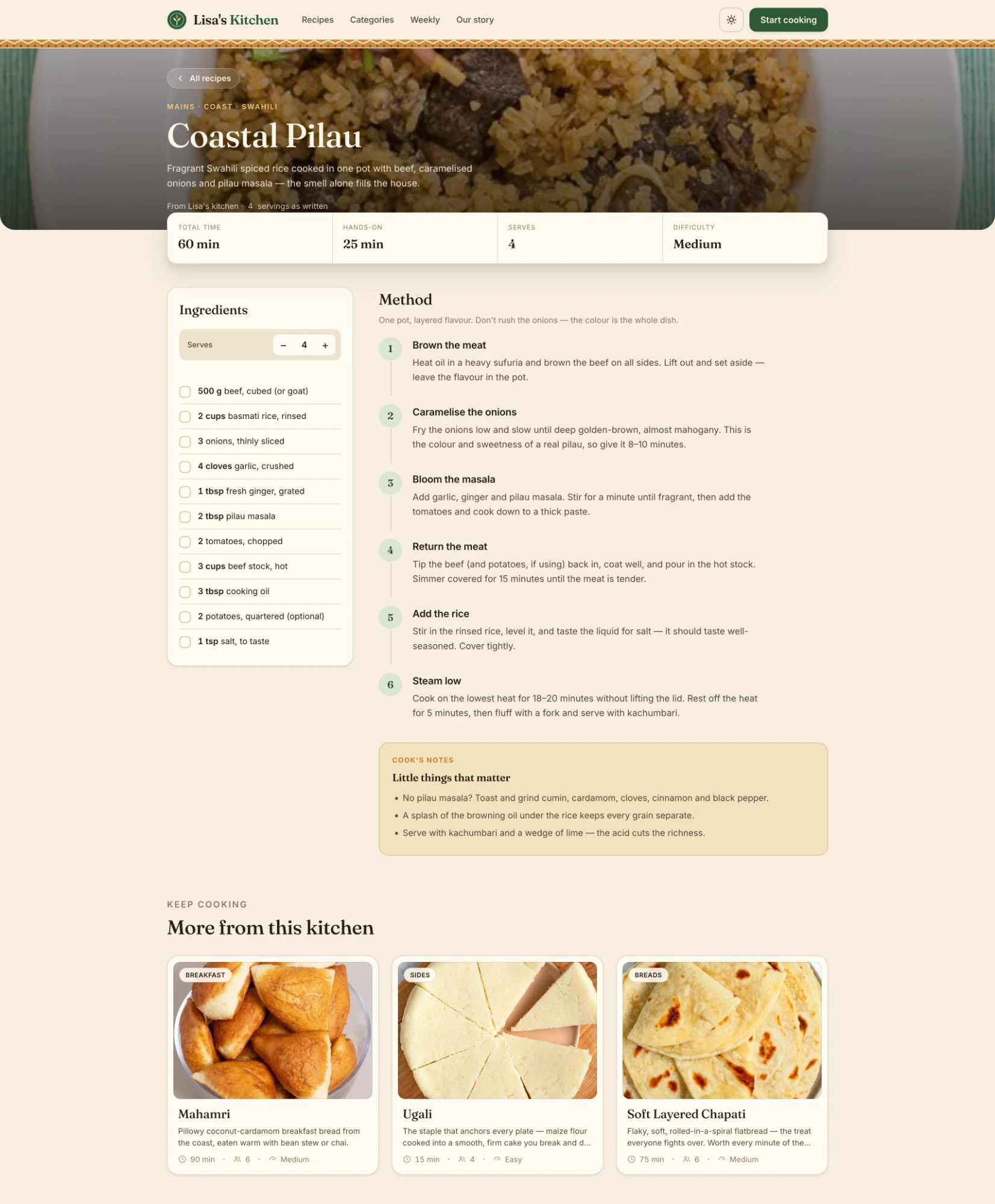 Lisa's Kitchen recipe detail page for Coastal Pilau — tick-off ingredients with a serves stepper on the left, numbered method steps on the right, and a Cook's Notes callout