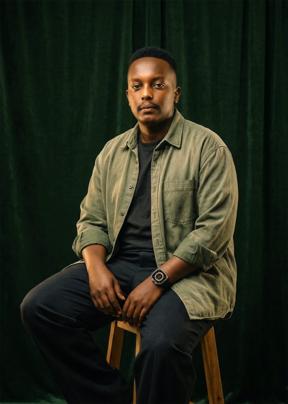 Victor Ndekei seated against a green velvet backdrop